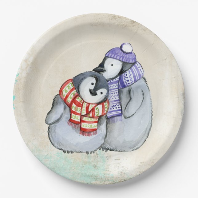 Cute Penguins in Winter Scarves and Hats Paper Plate (Front)