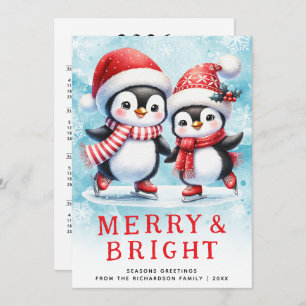 Cute Penguins Merry Bright Red and Blue Christmas Holiday Card