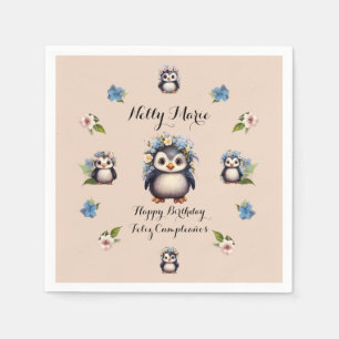 Cute Penguins Name Bilingual text Feliz Cumpleaños Napkin