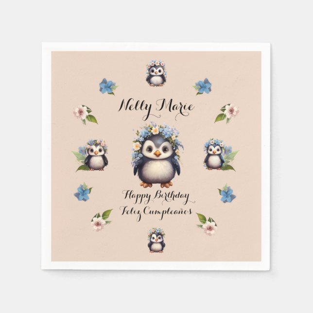 Cute Penguins Name Bilingual text Feliz Cumpleaños Napkin (Front)