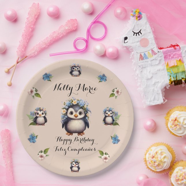 Cute Penguins Name Bilingual text Feliz Cumpleaños Paper Plate (Party)
