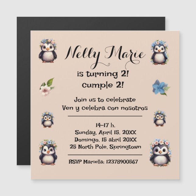 Cute Penguins Name Bilingual Text Spanish-Eng Magnetic Invitation (Front/Back)