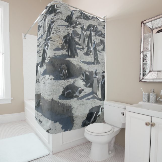 Cute Penguins on Beach Shower Curtain (In Situ)
