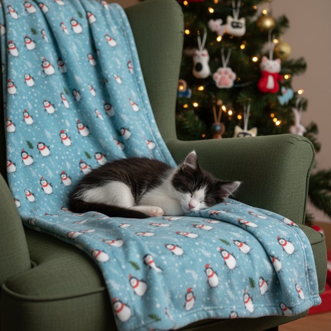 Cute Penguins on Light Blue with Snowflakes  Fleece Blanket (Creator Uploaded)