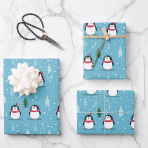 Cute Penguins on Light Blue with Snowflakes Wrapping Paper Sheet