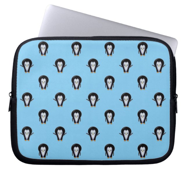 Cute Penguins over Winter Blue Laptop Sleeve (Front)