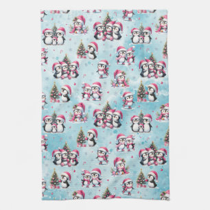 Cute Penguins Pattern Blue and Pink Christmas Tea Towel