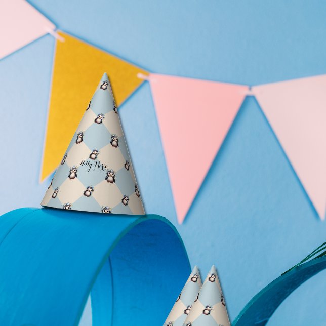 Cute Penguins Personalised  Party Hat (Cute Penguins paper hats, Name, bilingual text or monogram customised. Multilingual Project.)