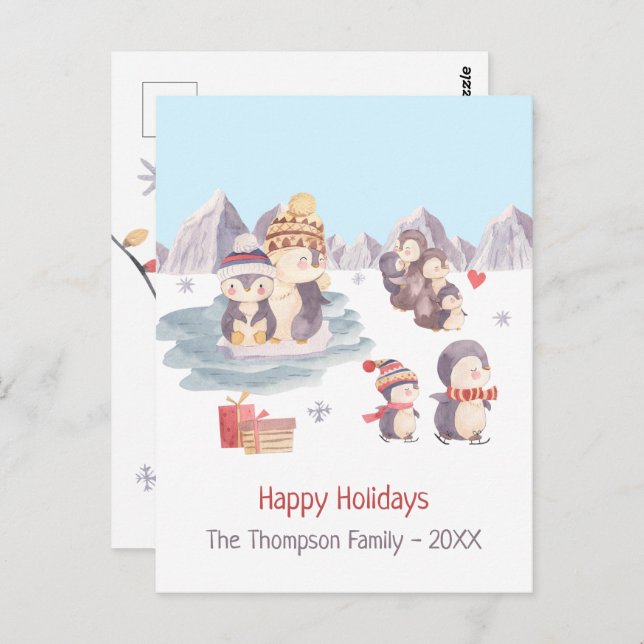 Cute Penguins Playing in Snow Happy Holidays Postcard (Front/Back)