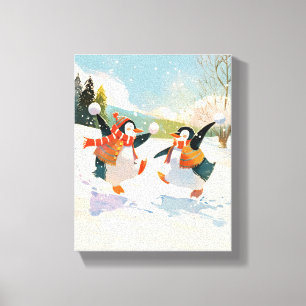 Cute Penguins Playing in Snow Watercolor Nursery Canvas Print