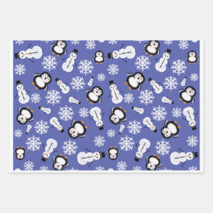 Cute Penguins & Snowmen Winter Pattern Wrapping  Paper Sheet