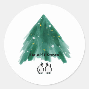 Cute Penguins Under Christmas Tree Classic Round Sticker