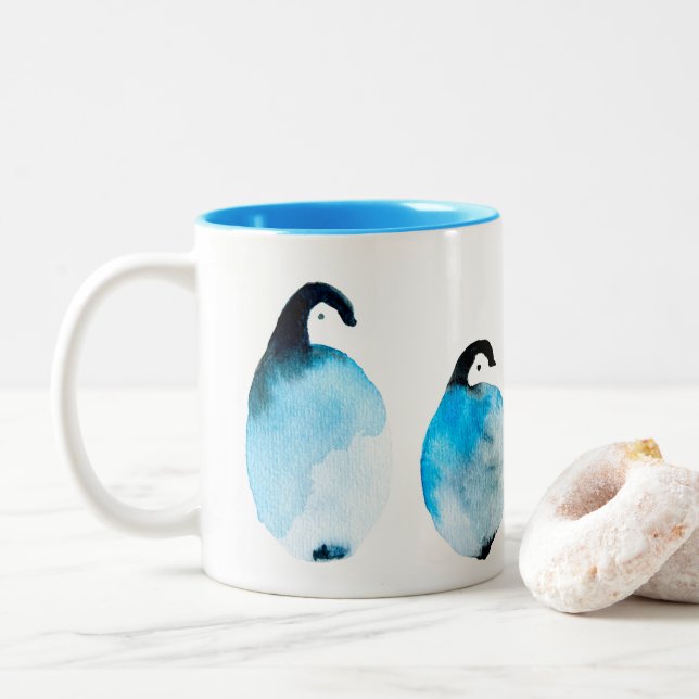 Cute Penguins watercolor Two-Tone Coffee Mug (With Donut)
