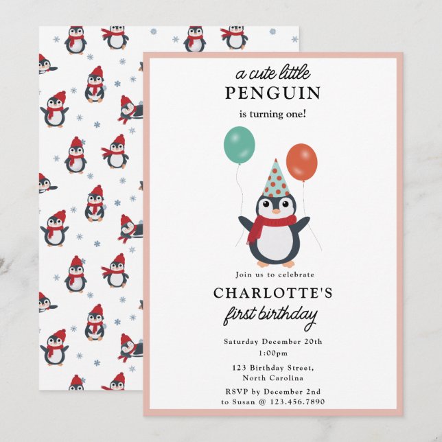 Cute Penguins Winter Kids Girl Animals Birthday Invitation (Front/Back)