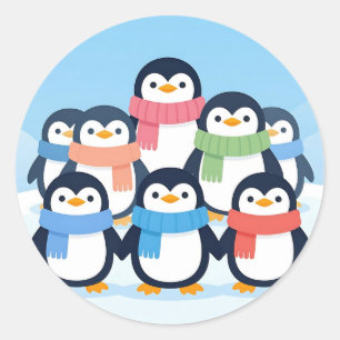Cute Penguins Winter Scarves Group Hug Classic Round Sticker