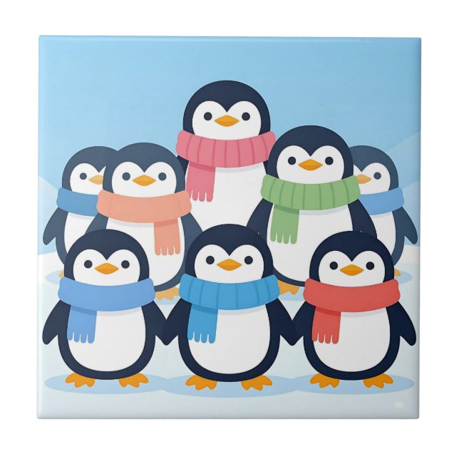 Cute Penguins Winter Scarves Group Hug Tile (Front)