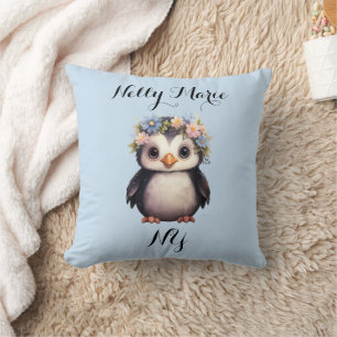 Cute Penguins with Flowers Name & Monogram Blue Cushion