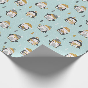 Cute Penguins with little trees on light blue Wrapping Paper