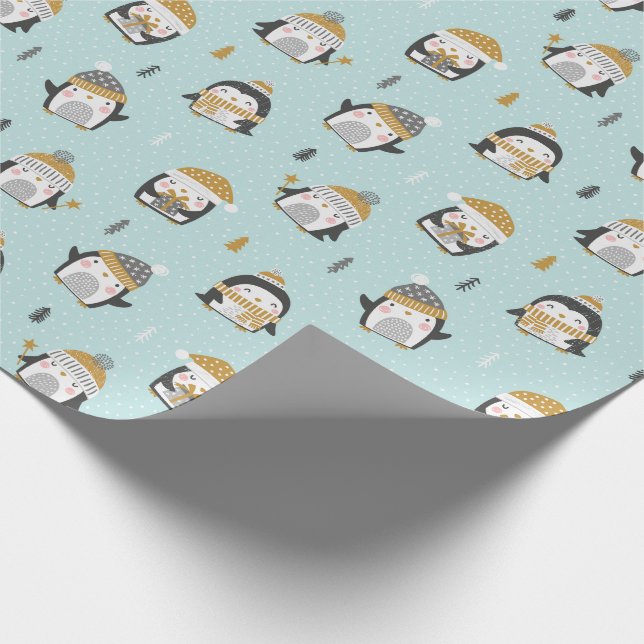 Cute Penguins with little trees on light blue Wrapping Paper (Corner)