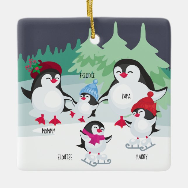Cute Penguins with Names for Family of 5 Ceramic Ornament (Front)