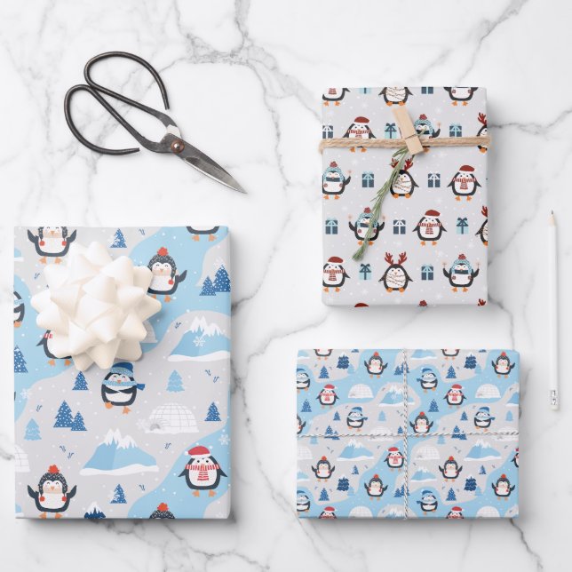 Cute Penguins Wrapping Paper Sheet (Front)