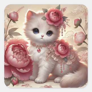 Cute Peony Princess Cat Square Sticker