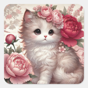 Cute Peony Princess Cat Square Sticker