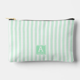 Cute Peppermint Green Stripes Monogrammed Initials Accessory Pouch