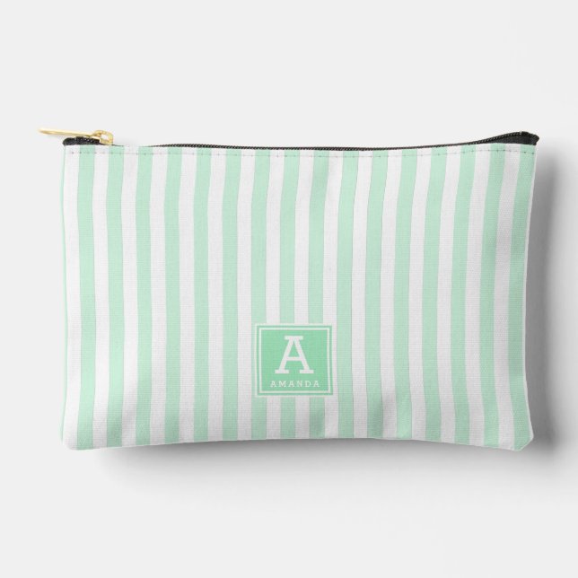 Cute Peppermint Green Stripes Monogrammed Initials Accessory Pouch (Front)