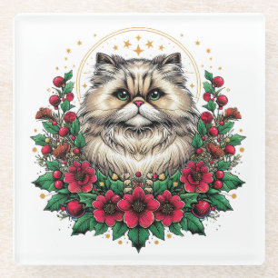 Cute Persian Cat, Floral Persian Kitty Glass Coaster