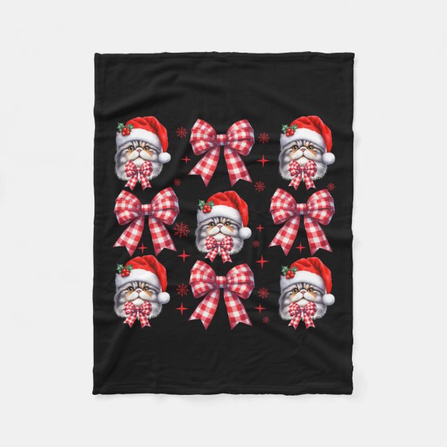 Cute Persian Cat Red Plaid Coquette Bow Christmas  Fleece Blanket (Front)