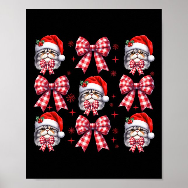 Cute Persian Cat Red Plaid Coquette Bow Christmas  Poster (Front)