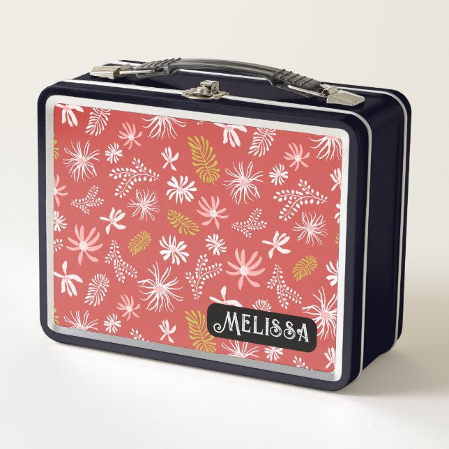 Cute Personal Metal Lunchbox red & black floral (Front)