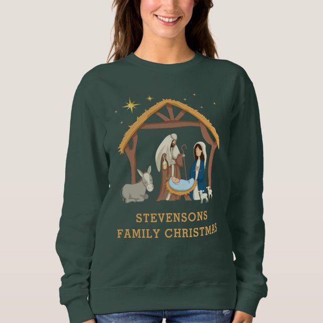 Cute Personalise Family Christmas Baby in a Manger Sweatshirt (Front)