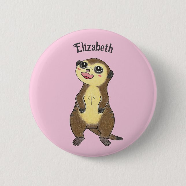 Cute Personalise Meerkat Cartoon Pink Button (Front)