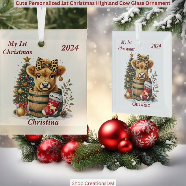 Cute Personalised 1st Christmas Highland Cow Glass Tree Decoration (Creator Uploaded)