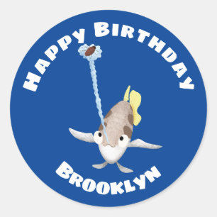 Cute personalised Archerfish cartoon birthday Classic Round Sticker