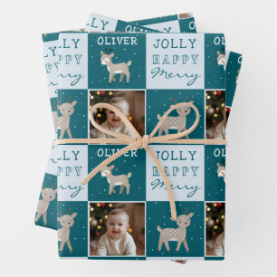 Cute Personalised Baby Photo Reindeer Christmas Wrapping Paper Sheet
