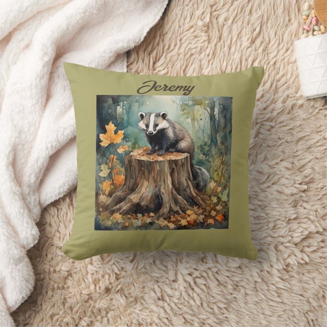 Cute Personalised Badger in woodland setting Cushion (Blanket)