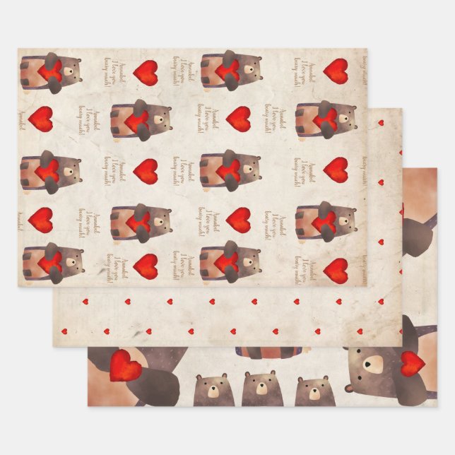 Cute Personalised Bear with heart Wrapping Paper Sheet (Set)