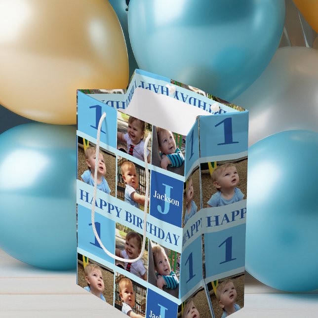 Cute Personalised Birthday Boys Photo Collage Blue Medium Gift Bag (Creator Uploaded)