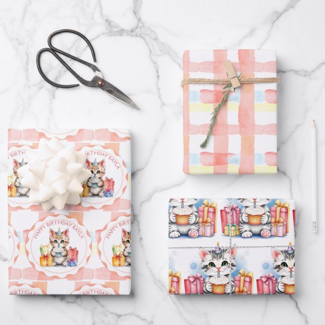 Cute Personalised Birthday Cats Wrapping Paper Sheet (Front)