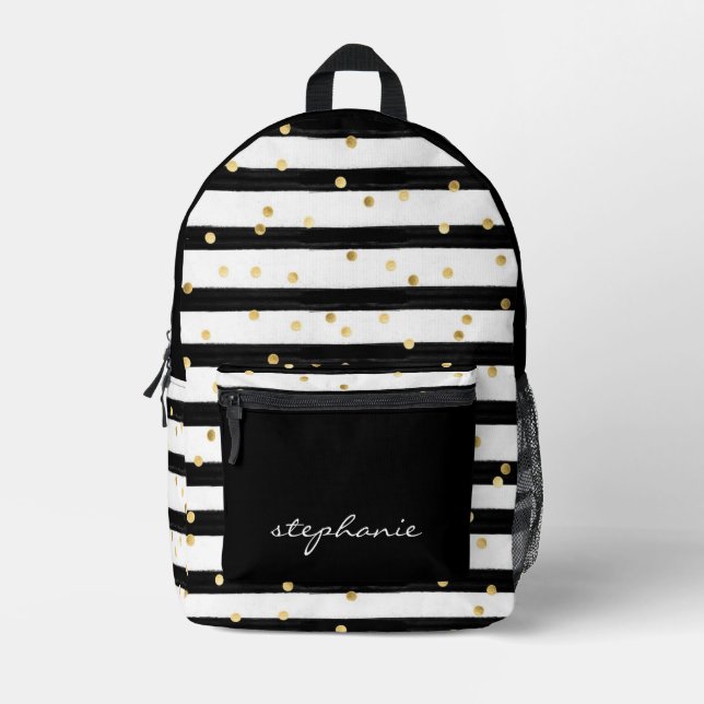 Cute Personalised Black Stripe and Gold Confetti Printed Backpack (Front)