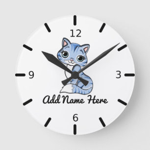 Cute Personalised Blue Kitten Large Clock