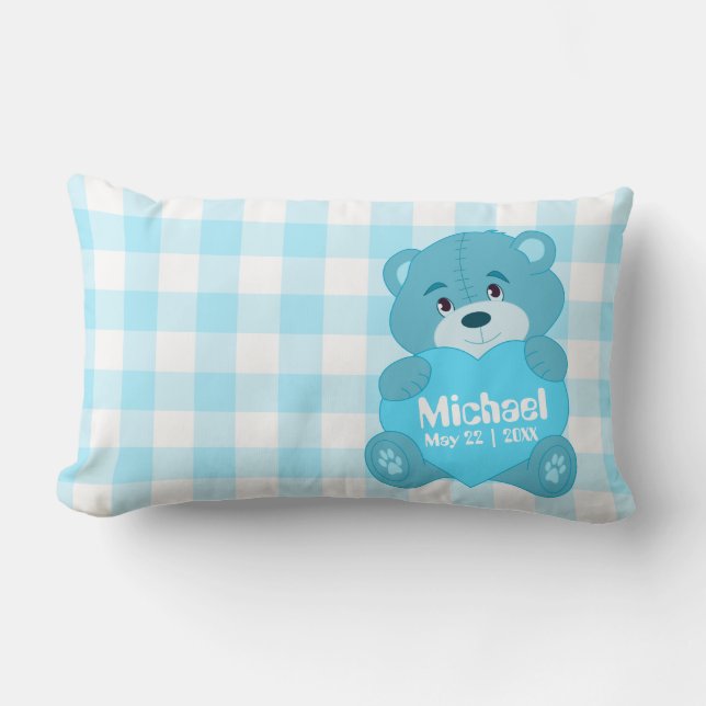 Cute personalised blue teddy bear monogram lumbar cushion (Front)