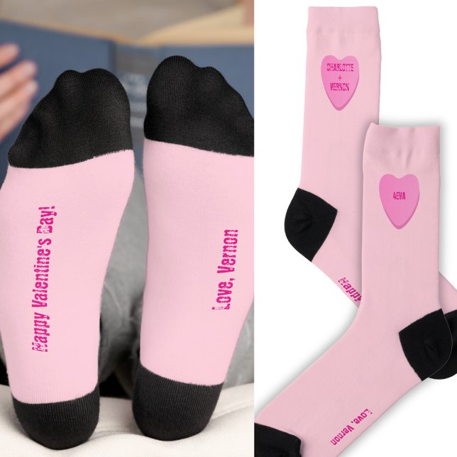 Cute Personalised Candy Heart Valentine's Day Pink Socks (Cute personalized retro candy candy heart socks for Valentine's Day!)