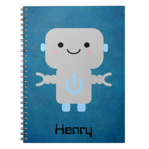 Cute Personalised Cartoon Robot Blue Notebook