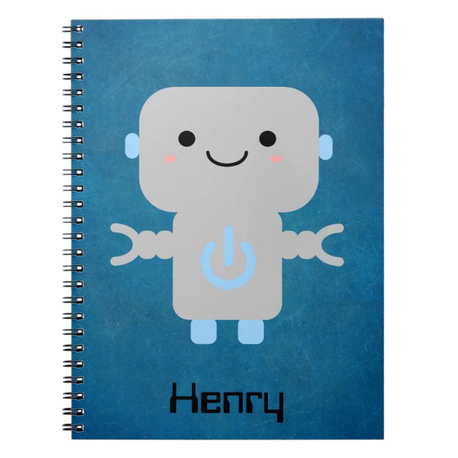Cute Personalised Cartoon Robot Blue Notebook (Front)