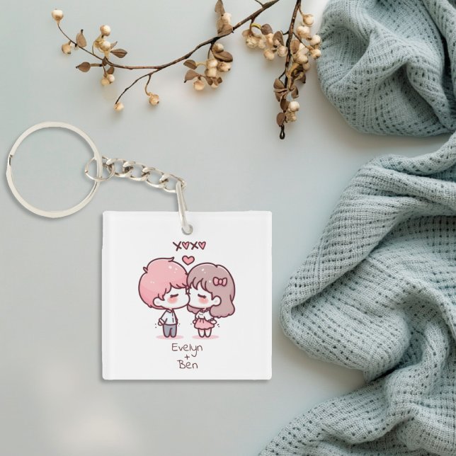 Cute Personalised Chibi-Style Kissing Couple  Key Ring (Cute Personalized Chibi-Style Kissing Couple Keychain
)
