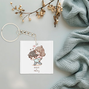 Cute Personalised Chibi-Style Playful Couple Key Ring